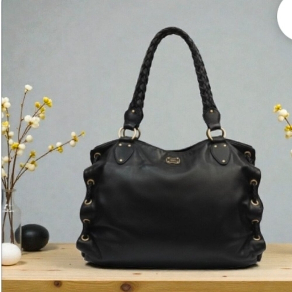 Michael Kors Black Leather Braided Handle Tote Satchel Whipstitch Grommet Large - Picture 2 of 16